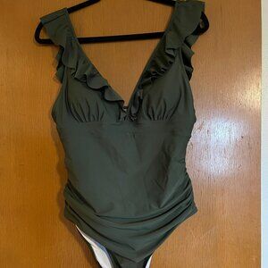 CUPSHE Women's Ruffled One-Piece Swimsuit: Deep V, Lace up, size L NWT